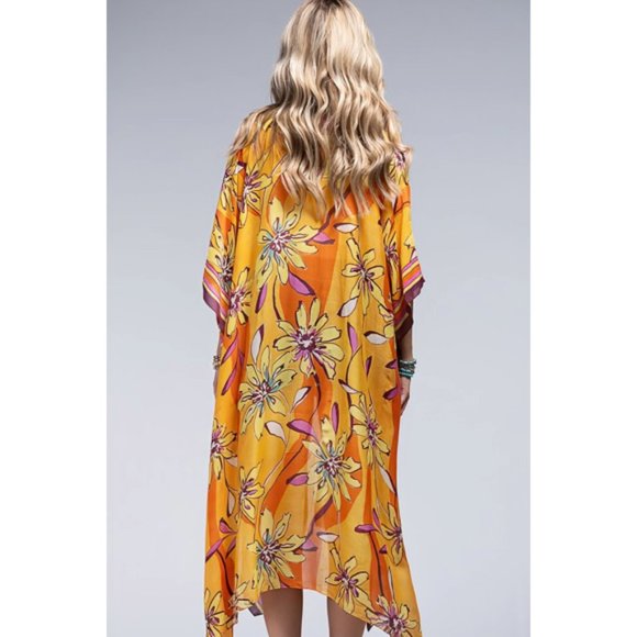 Sunrise Vibrant Floral Print & Stripe Border Open Kimono Wrap Coverup Top - Picture 6 of 6